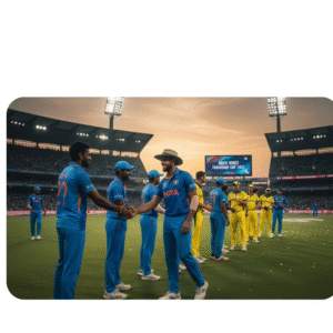 भारतीय और ऑस्ट्रेलियाई क्रिकेट खिलाड़ी मैच के बाद हाथ मिलाते हुए। खेल भावना का प्रदर्शन। भारत ऑस्ट्रेलिया हैन्डशेक