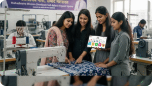 एक युवा उद्यमी परिवार महाराष्ट्र में अपने छोटे व्यवसाय को संचालित करते हुए, सरकारी सहयोग को दर्शाता चित्र।