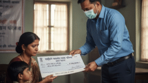 एक सरकारी अधिकारी मास्क पहनकर, उत्तर प्रदेश की राष्ट्रीय परिवार लाभ योजना के तहत एक महिला और उसके बच्चे को ₹30,000 का चेक सौंपते हुए।