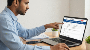 एक युवा व्यक्ति लैपटॉप पर उत्तर प्रदेश की राष्ट्रीय परिवार लाभ योजना के ऑनलाइन आवेदन पोर्टल को देखते हुए।