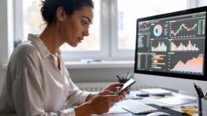 AI tools का उपयोग करते हुए मोबाइल से कंटेंट बनाता हुआ व्यक्ति